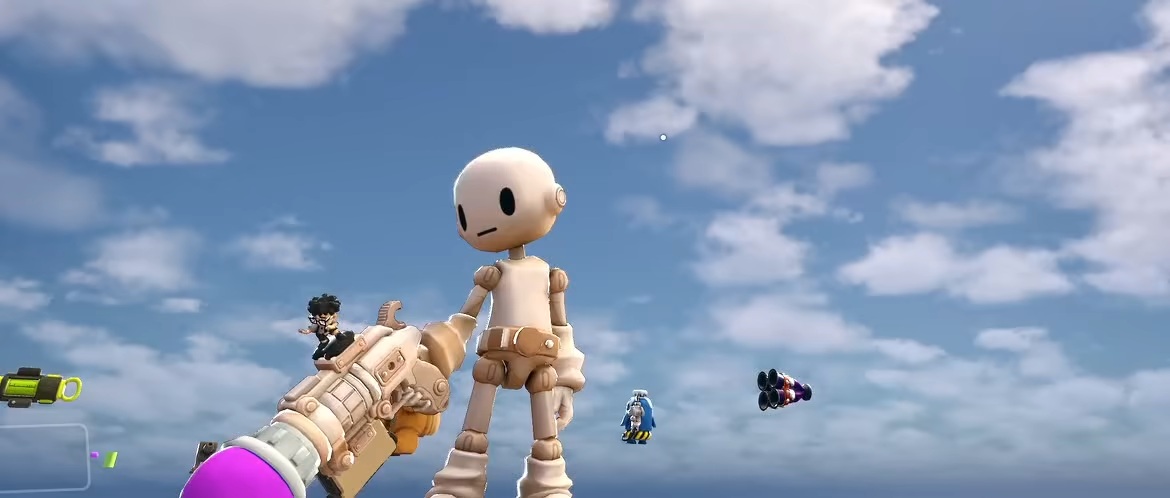 A toy hero with a modular weapon and floating attachment parts